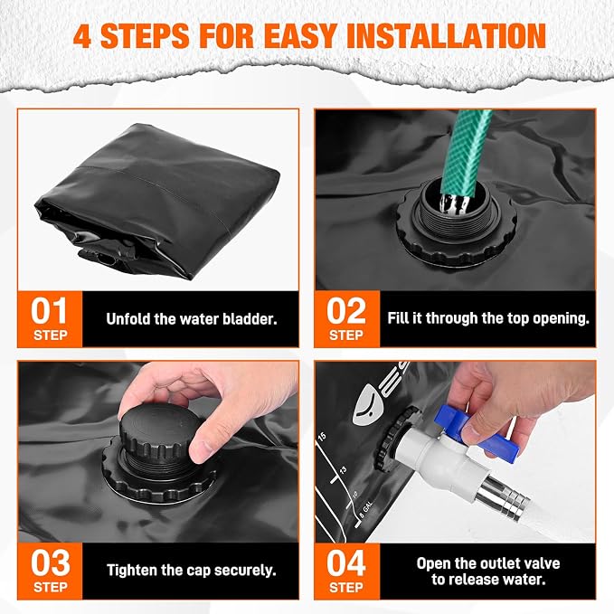 Yesker Portable Water Storage Bladder 30 Gallon – Heavy-Duty 1000D PVC Foldable Water Bladder Tank with 3/4" PVC Spigot for Garden, Camping & Car Use, Black