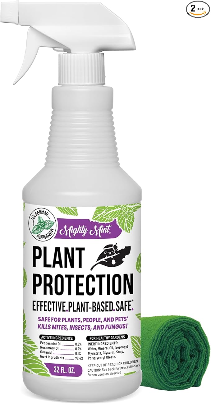 Mighty Mint Peppermint Oil Plant Protection Spray – Insect & Pest Control for Gnats, Spider Mites & Aphids – Plant-Based, Easy-to-Use with Microfiber Cloth- 32 oz