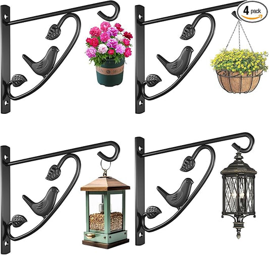 AMAGABELI GARDEN & HOME 4 Pack Hanging Plant Brackets Outdoor 12 inch Metal Fence Wall Plant Hanger Hooks for Hanging Flower Baskets Bird Feeders Lanterns Wind Chimes Rust-Resistant Black