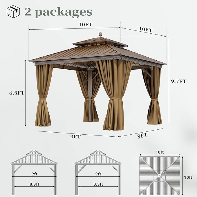 YITAHOME 10x10ft Hardtop Gazebo with Nettings and Curtains, Aluminum Frame Heavy Duty Double Roof Galvanized Steel Outdoor for Patio, Backyard, Deck (Bronze)