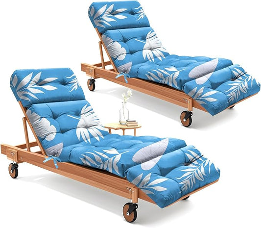 2 Pack Outdoor Chaise Lounge Chair Cushion 75.1 x 22.8 x 4.7 Inches 100% Waterproof Replacement Cotton Patio Pool Lounge Chair Cushion for Outdoor Furniture with Ties, Blue Leaf
