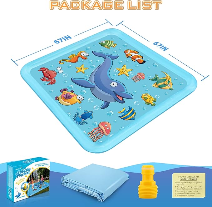 Growsland Splash Pad for Toddlers, Outdoor Sprinkler for Kids, 67" Summer Water Toys Inflatable Wading Baby Pool Fun Gifts for 3 4 5 6 7 8 9 Years Old Boy Girl Backyard Garden Lawn Outdoor Games