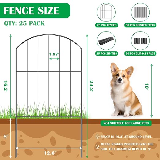 Interlocking Floor Tiles, 12" x 12" Outdoor Flooring-Decorative Garden Fence 25 Panels, Total 26ft (L) x 24in (H) Rustproof Metal Wire Fencing Border Animal Barrier