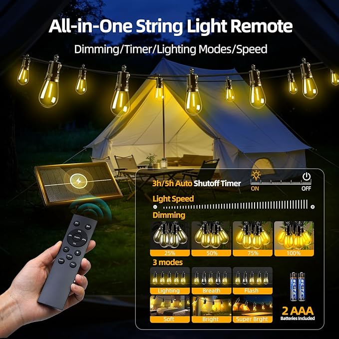 Solar Lights Outdoor Patio Lights: S14 10M 33FT Solar Powered Remote Control 3 Light Modes Dimmable Solar Waterproof Light - Shatterproof Bulbs - Camping Backyard Garden Deck Outside Yard