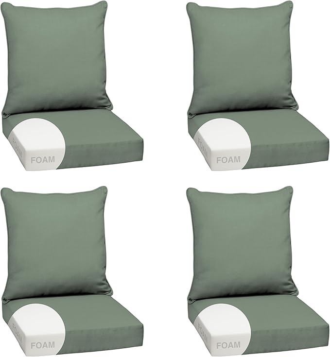 Arden earthFIBER Outdoor Foam Deep Seat Cushion (4-Pack), 24x24, Premium High-Density Foam, Never Flattens, Weather-Proof for Patio Chair Sofa Couch, Sage Green Texture