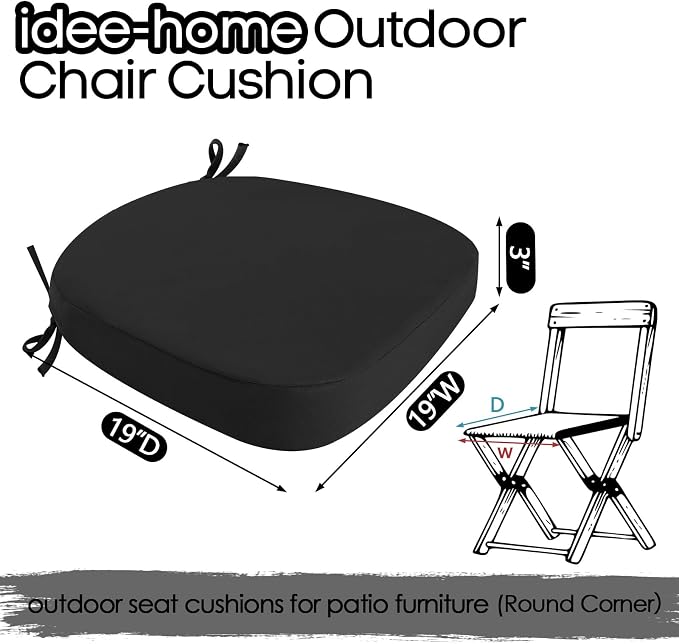 idee-home Outdoor Chair Cushions Set of 2, 19" x 19" x 3" Thick D-Shaped Patio Furniture Outdoor Seat Cushions Waterproof with Ties, Dining Pads