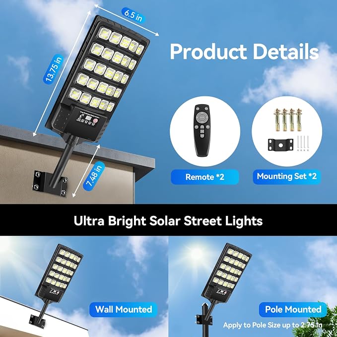 Solar Street Lights Outdoor Waterproof, 20000LM 6500K Motion Sensor LED Flood Lights, Dusk to Dawn Solar Lights with Remote, Solar-Powered Parking Lot Light, Commercial Area Lighting for Outside 2Pack