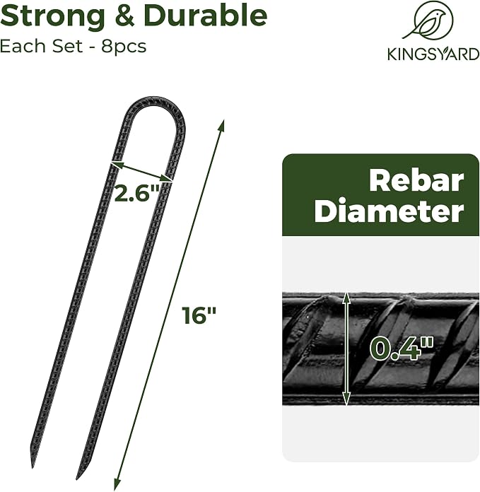 Kingsyard 8 Pack 16 Inch Trampolines Wind Stakes, 0.4 Inch Diameter 2.6 inche Wide Galvanized Steel U Hook Rebar Stakes, Multi-Purpose Heavy Duty Ground Anchors for Tent, Fences, Swing, Landscape