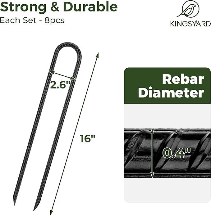 Kingsyard 16 Pack Trampolines Wind Stakes-16 Inch Long, 0.4 Inch Diameter Galvanized Steel U Hook Rebar Stakes, Multi-Purpose Heavy Duty Ground Anchors for Tent, Fences, Swing, Landscape, Black