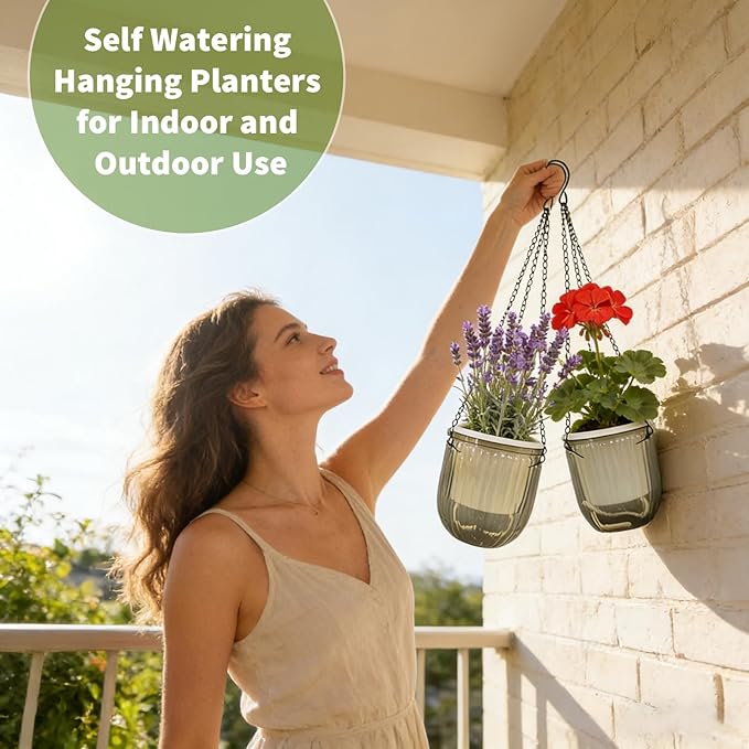 8 Pcs Self Watering Hanging Planters with 3 Hooks Drainage Holes 6.5'' 4.5'' Self Watering Plant Baskets Hanging Flower Pots for Outdoor Indoor Gift Home (Gray)