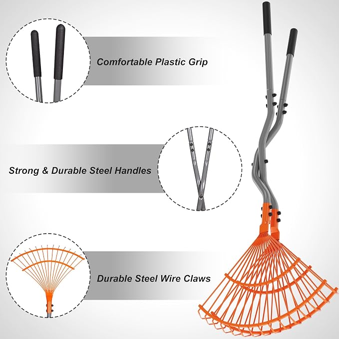 Walensee Metal Rake for Leaves, Heavy Duty Leaf Picker Upper, Leaf Scoops Hand Rake, Leaf Grabber with Long Handle, Multi-Use Garden Leaf Claw for Lawn & Yard Work