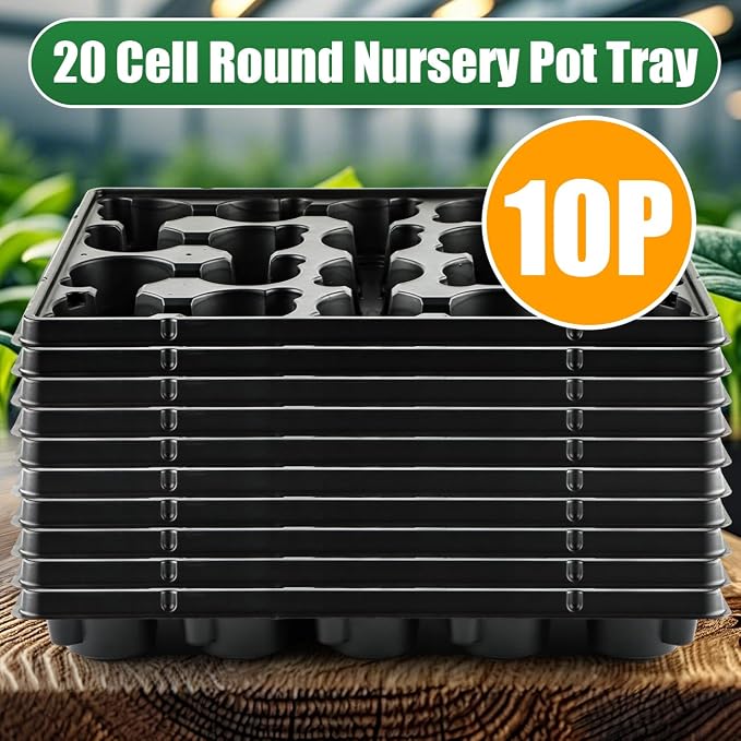 RooTrimmer 20 Cell Plant Trays for Carrying 3 inch Round Nursery Pots, Sturdy Plastic Trays Suitable for Holding 200 pcs Peat Pots (10 Packs - Trays Only, Pots Not Included)