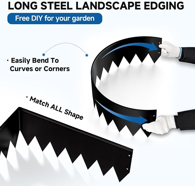 20Ft.Galvanized Steel Landscape Edging(6-Pack)-8"x40" Metal Garden Edging,7 Clips&Gloves,Hammer-in,No Dig,Rustproof,for Landscaping,Tree Rings,Garden,Yard&Pathway–Black