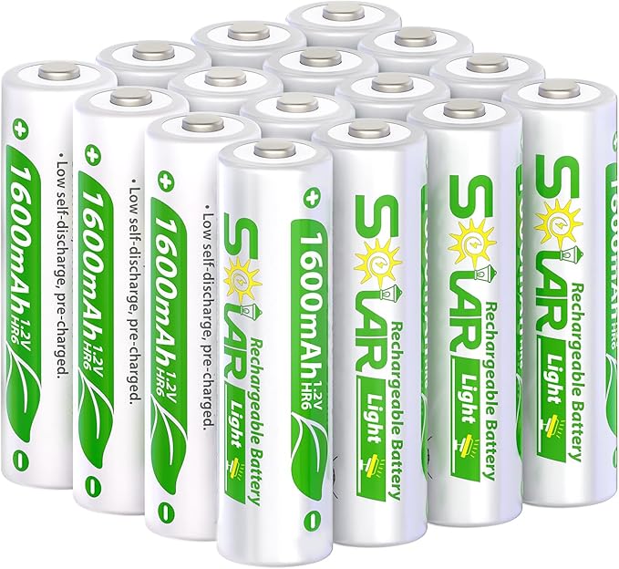 16 Pack AA Rechargeable Batteries for Solar Lights, NiMH 1.2V 1600mAh Precharged Low Self-Discharge, Replacement Batteries for Outdoor Garden Pathway Deck Fence String Lights