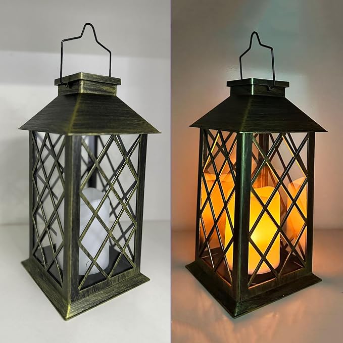 Yowin Solar Lanterns Outdoor Waterproof 2 Pack 14" Large Tempered Glass Hanging Solar Lantern with Flameless Candle, Garden Gifts, Table Lamp for Wall Balcony Patio Vintage Decorations - Bronze