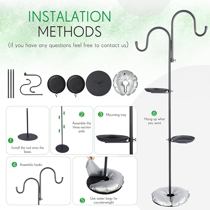 1 Set Upgraded 75.9" Shepherds Hook for Bird Feeder, Hanging Plant Wind Chime Stand, Metal Adjustable Standing Pole Holder for Indoor Outdoor, with 2 Rack & Weight Bag (Classic 2 Hooks)
