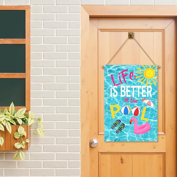 Life Is Better at the Pool Large House Flag Summer Pool Party Outdoor Double Sided Poolside Garden Flags Swimming Pool Flamingo Beach Ball Sunshine Yard Banner Porch Patio Decor 28 x 40 Inch