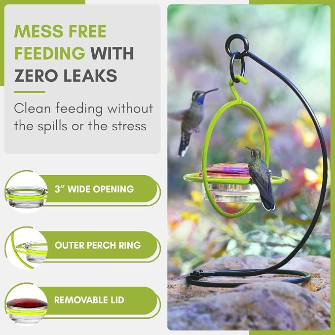 Mosaic Birds Hummingbird Feeder for Outdoors Hanging, 3.4 OZ Hummingbird Feeders, Glass Bowl with 4 Feeding Ports, Leak Proof Lid & Circular Perch, Bird Feeder (1, Lime)