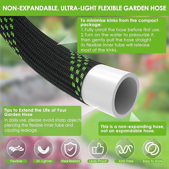 FlexiSolve Non-Expandable Garden Hose 100 ft, Ultra Lightweight & Flexible Water Hose With 10-Pattern Spray Nozzle, Full Length Leak-Proof Design, High-Density Fabric & Shut-Off Valve, Hose Straps