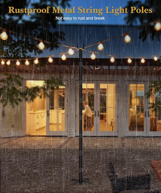 10Ft String Light Poles for Grass & Soil, Outdoor Light Stand with 5-Prong Fork Base, Heavy-Duty Metal Poles for Backyard, Garden & Patio Party Lighting, Rustproof & Adjustable, 2 Pack