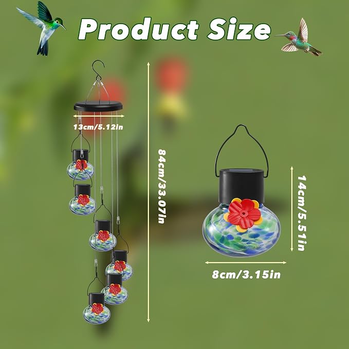 Solar-Powered Hummingbird Feeder with Wind Chime Elegance – 6 Leak-Proof Glass Ports, Frosted Design & Blue Green Night Lights – Perfect Outdoor Gift for Nature Enthusiasts