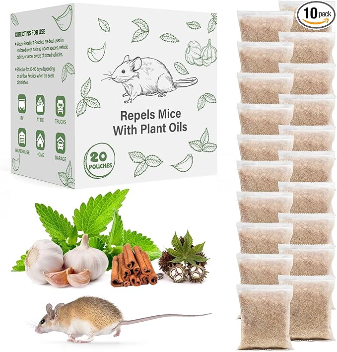 Pest Repellent Pouches, 10 Pack Peppermint Oil for Mice, Rodent, Mouse, Rats, Spider, Squirrel, Pest Control Indoor & Outdoor, Natural Mouse Deterrent Replace Traps Family & Pet Safe