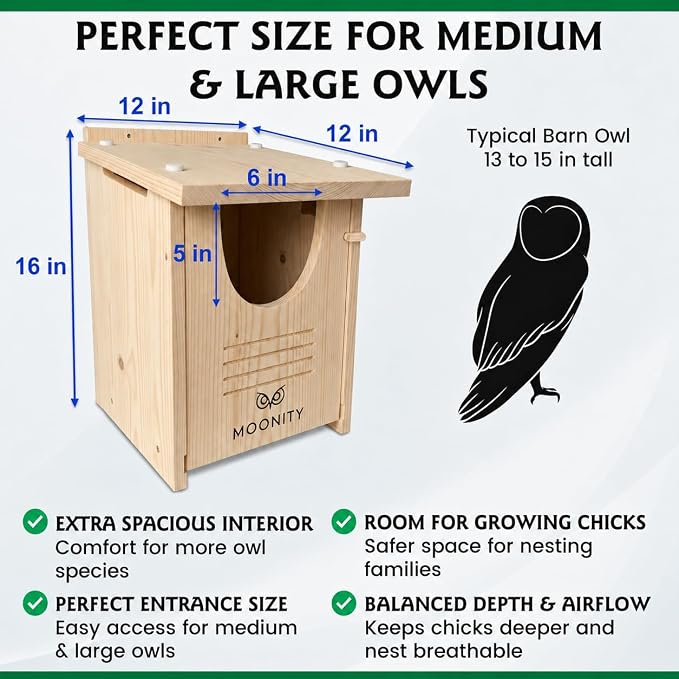 MOONITY Large Premium Cedar Owl House – 16" x 12" x 12" Weatherproof Nesting Box for Barn & Screech – Durable, Safe & Easy to Install