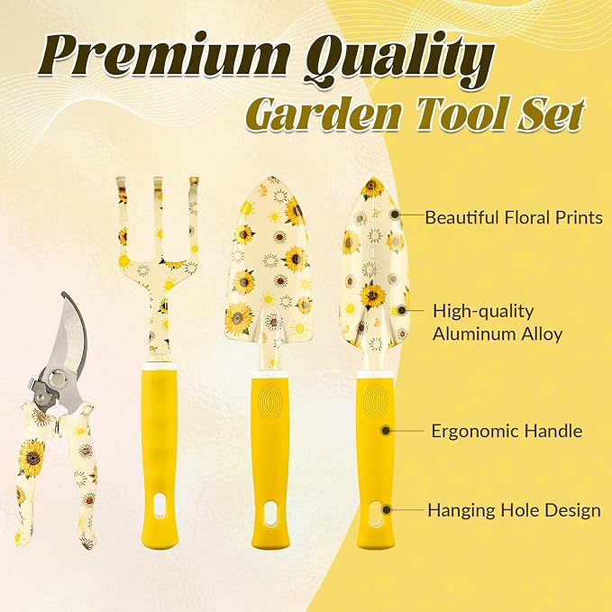Gardening Gifts for Women, Gardening Tools for Women, 9 PCS Sunflower Garden Tools Set Kit with Garden Tool Bag, Mother's Day Birthday for Gardener Mom Grandma Aunt, Yellow