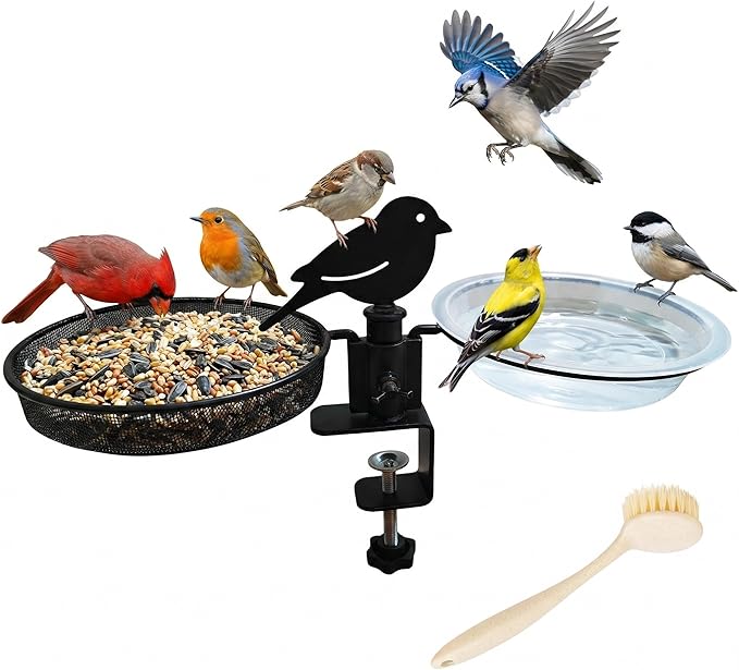Deck Bird Feeder & Bird Bath for Balcony Railing, No-Drill Clamp Fits up to 2"/5cm – Heavy-Duty Metal Mesh Tray, Windproof Locking Water Bowl, Wild Bird Feeding Station with Cleaning Brush