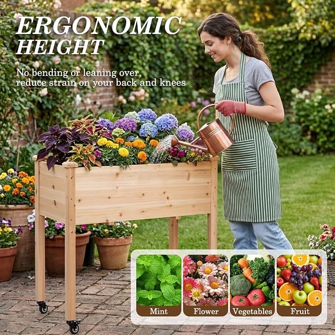 Raised Garden Bed with Lockable Wheels, 32x16x32 inch Elevated Wood Planter with Protective Liner for Vegetable Flower Herb Outdoor Balcony Patio Backyard, Natural