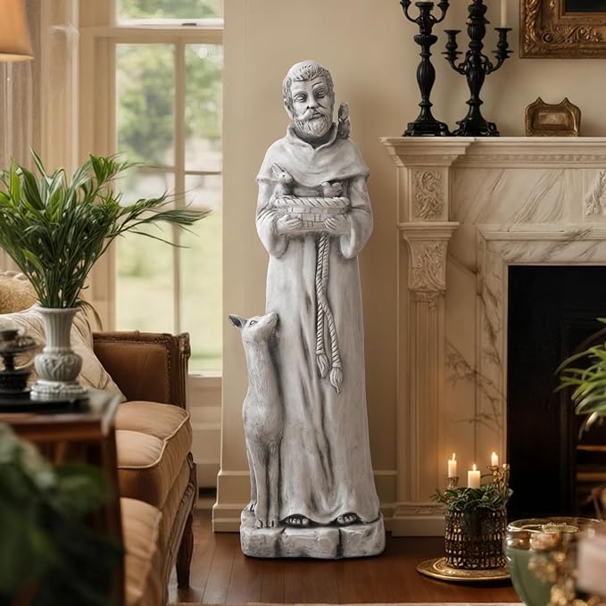St Francis Garden Statue, 36.2" Saint Francis Catholic Outdoor Statues, Large Religious Christian Sculpture Decor for Prayer and Meditation, Patron Saint of Animals Patio in Durable MGO Stone