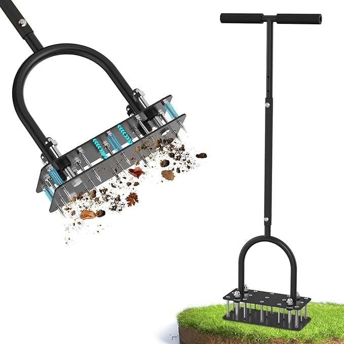 GAINO Manual Lawn Aerator Tool with 15 Spikes, 32"-35" Adjustable T-Handle Aerator for Lawn, Automatic Dirt Ejection Design, Heavy Duty Yard Grass Aerator for Soil Compaction，Black