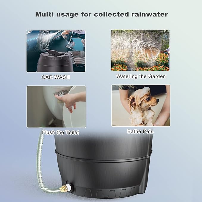 45 Gallon Rain Barrel for Gutter Rainwater Collection, BPA-Free Water Catcher with Mesh Screen, Lid, Spigot and Hose, Outdoor Water Storage for Garden Watering and Lawn Care