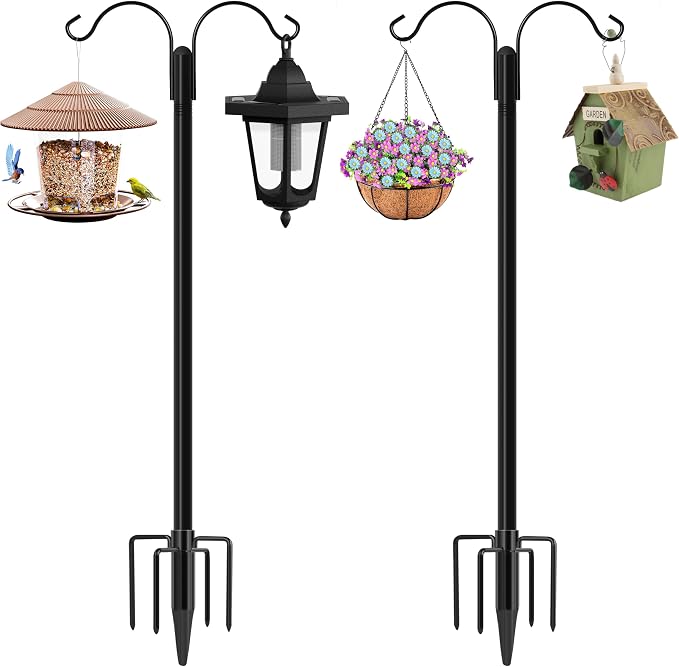 XDW-GIFTS Shepherds Hooks for Outdoor, 2-Pack 76 Inch Heavy Duty Bird Feeder Pole, Garden Pole for Hanging Plants, Lantern, Hummingbird Feeder, Hanging Plant Stand with 5 Base Prongs