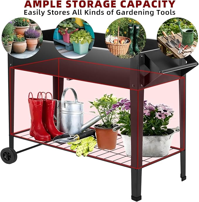 DNKMOR 32" Tall Raised Garden Bed Outdoor with Wheels & Storage Shelf or Mobility,Mobile Anti-Rust Steel Planters for Outdoor Plants,Planter Box for Vegetables/Flower/Herbs,Patio-Balcony-Backyard