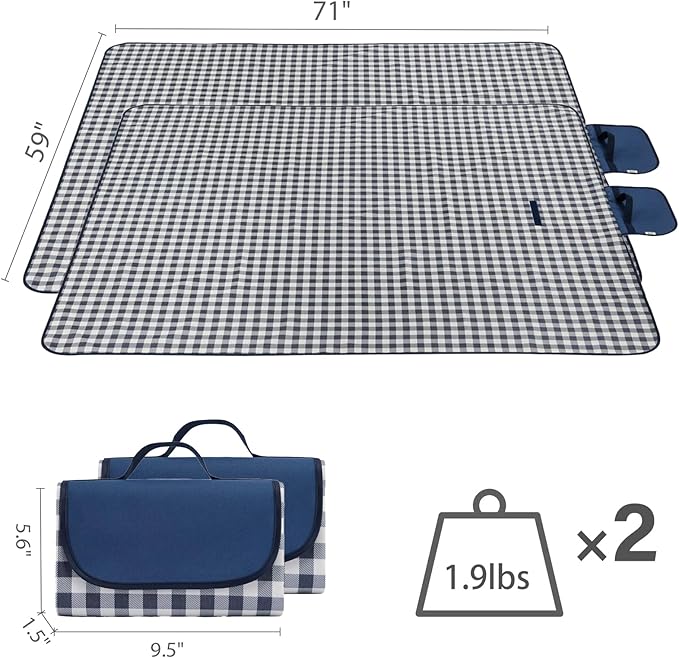 Wind Tour Waterproof Picnic Blanket with Carry Strap - Foldable Sandproof Outdoor Mat for Camping, Beach, Park - 59" x 71",Grey Grid (Two Mat Set)
