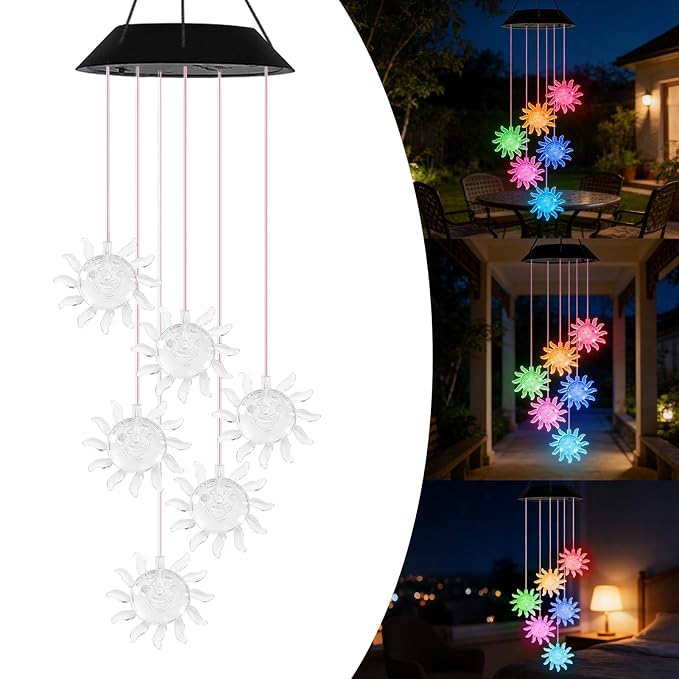 7-Color Light Changing Sun Solar Lights for Outside, Solar Lights Gifts for Father's Day, Solar Sun Wind Chimes Gifts for Women, Mom, Grandma, Garden Yard Lawn Outdoor Decor Mobiles