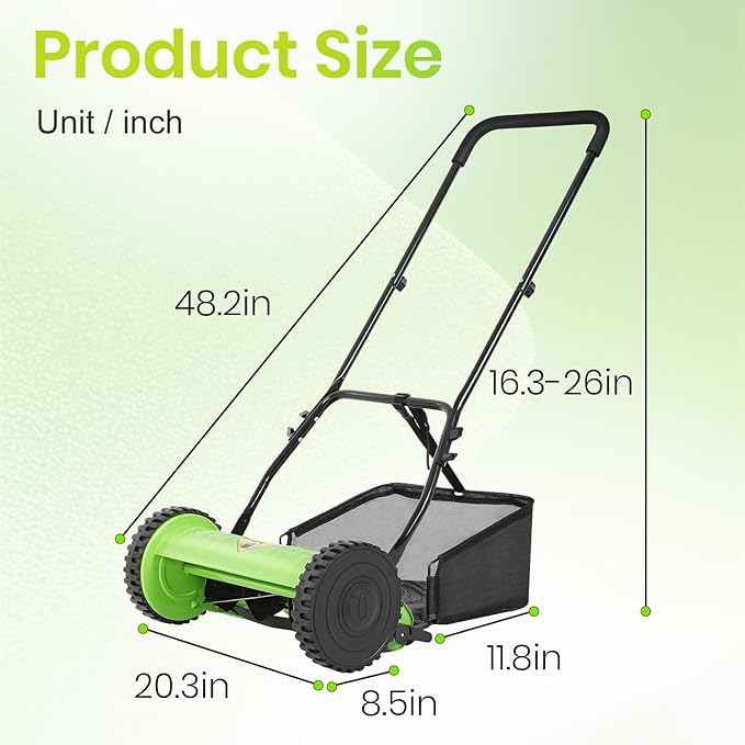 FDW 15-Inch Manual Push Reel Lawn Mower with 5 Steel Blades, Adjustable Cutting Height & Grass Catcher – Cordless, Eco-Friendly Yard and Garden Cleaner