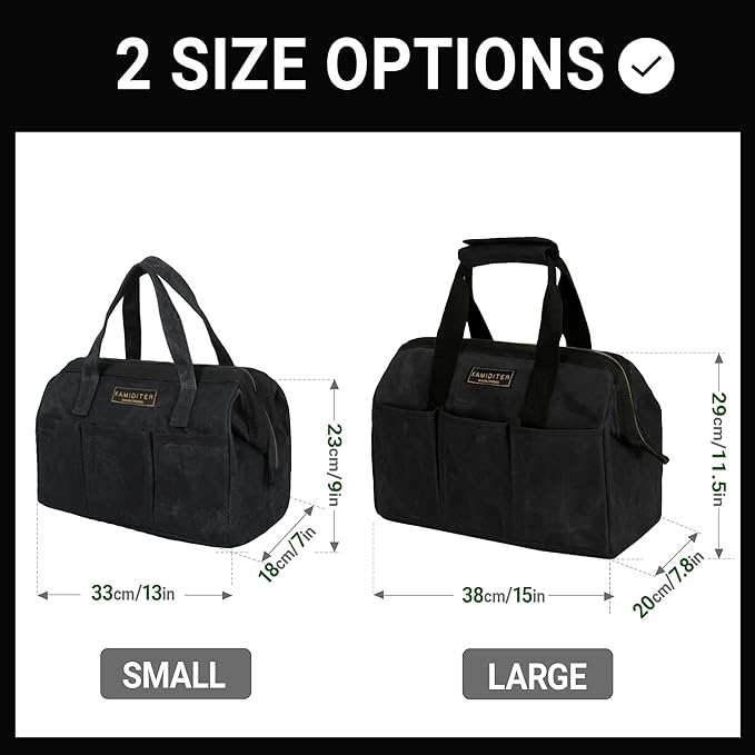 Tool Bag with Zipper, Heavy Duty 16oz Waxed Canvas Wide Mouth Tool Tote Bag, 13-inch Muti-Purpose Storage Tool Pouch with Side Pockets