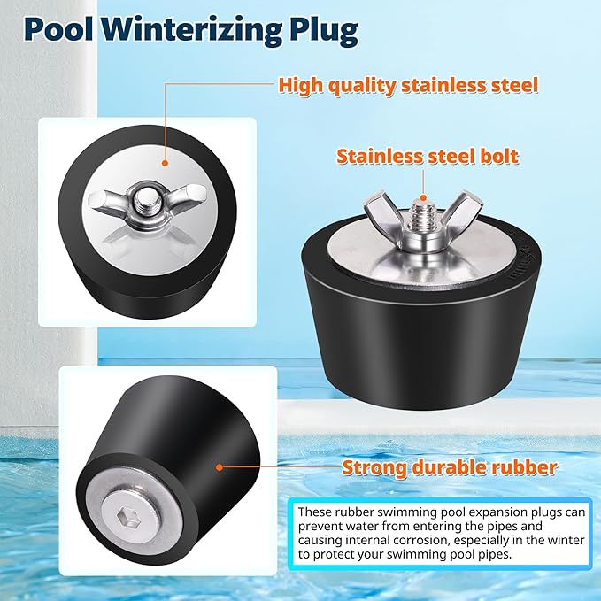 3 Pack Rubber Pool Winter Plugs with One T-Handle – 1" 1.5" 2" Pool Winterizing Plugs with Stainless Steel Screws Pool Return Jet Plug Inground & Above Ground Skimmer Plug for Pools