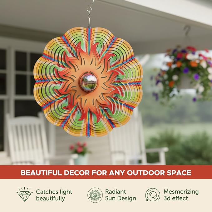 Garden Decor Sun Wind Spinner – 12-in Gazing Sun Hanging Decoration for Yard and – Boho Multicolored Ornament Spinner for Outdoor