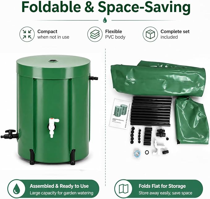 Collapsible Rain Barrel 53 Gallon, PVC Rainwater Collection Barrel with Spigot, Overflow & Mesh Screen — Portable, Foldable Water Storage Tank for Garden, Lawn & Outdoor Watering