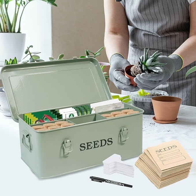 Seed Storage Organizer, 4 Compartment Seed Storage Box with Safety Lock, Metal Seed Box Seed Packet Container with 1 Pen, 12 Slots, 20 Plant Labels & 30 Seed Envelopes, Green Gardening Gift