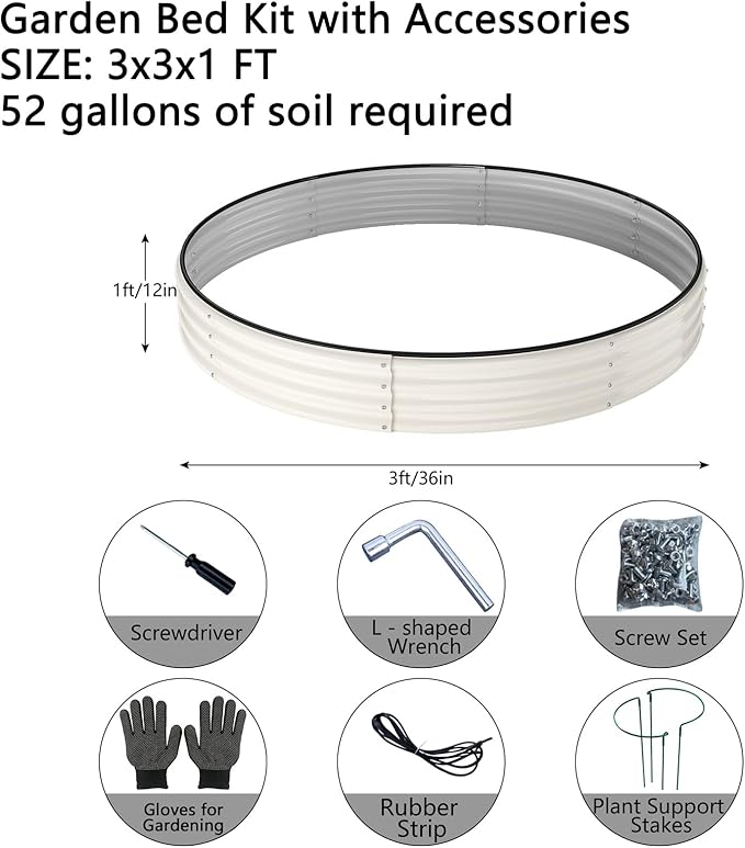 ZFHgarden Galvanized Metal Planter Round Raised Garden Bed Kit for Gardening Outdoor，3x3x1ft Grow Garden Box Raised Flower Bed，Round Galvanized Planter Outdoor Large Metal Fire Pit Ring White