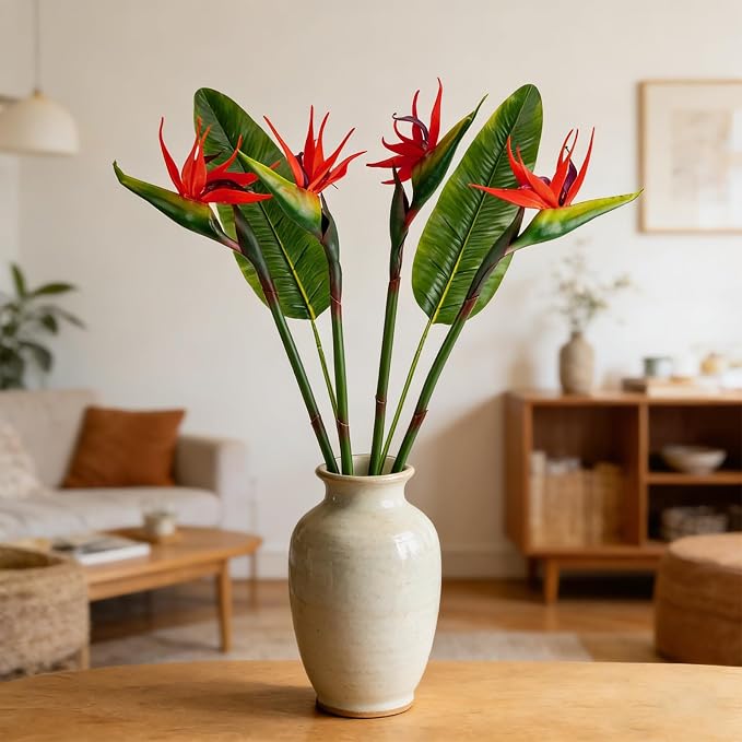 Artificial Bird of Paradise Flowers Real Touch 31.5'in Long Stem Flower 4 Pcs, with Bird of Paradise Leaves 33.5'in Long Stem Greenery Plants 2 Pcs,for Home Garden Wedding Party Decor (Red 6 Stems)