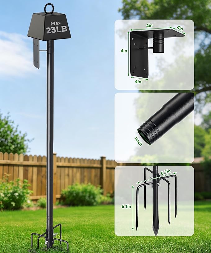 75" Heavy Duty Bird Feeder Pole, 1" Metal Adjustable Outdoor Stand with 5-Prong Anti-Tip Base, Universal Mount for Bluebird House & Hummingbird Feeder, Easy Setup