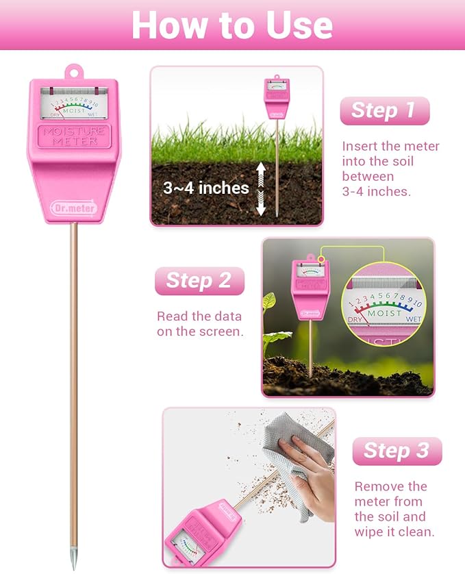 Dr.meter Soil Moisture Meter Tester for Plants, Hygrometer Moisture Sensor for Houseplants Indoor Outdoor Garden Lawn Use - Plant Water Meter Gauge Test Kit, No Battery Needed - Gardening Gifts, Pink