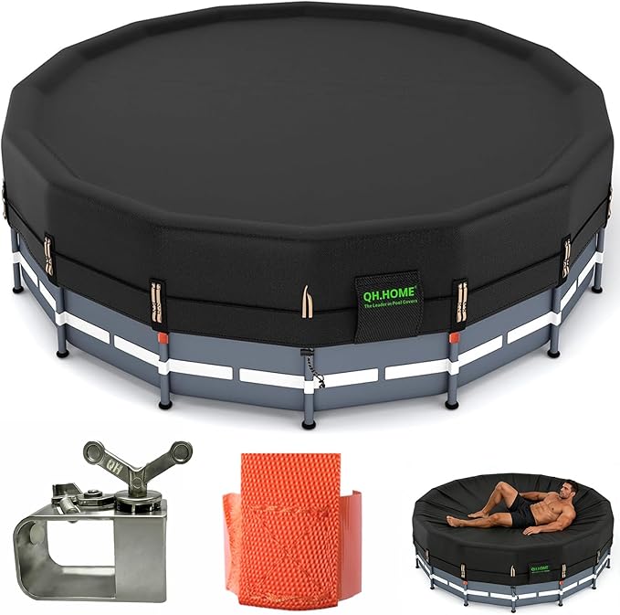 QH.HOME 550D 15 ft Pool Cover Round[Upgraded Tear Resistant & Quadruple Windproof] wth Pre-Installed Patented Winch and Rope, Pool Covers for Above Ground Pools-Snug Fit & Waterproof Protection