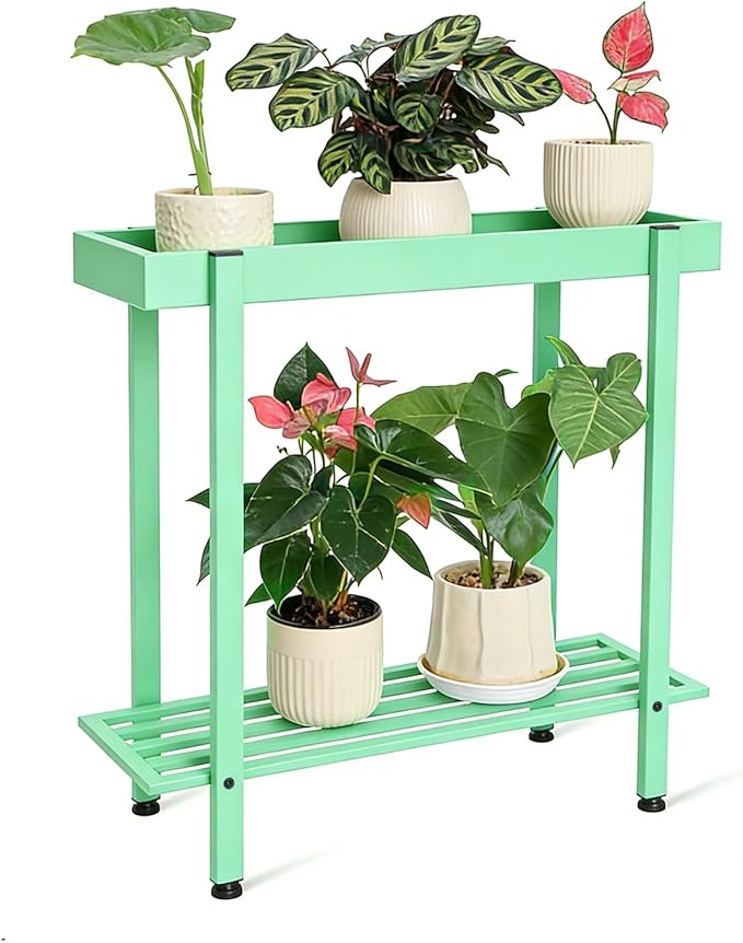 Honla Metal Plant Stand Indoor Outdoor,2 Tier Window Tall Plant Table Bench Shelf for Multiple Plants,26" L x 8.66" W x 24.40" H,Mint Green