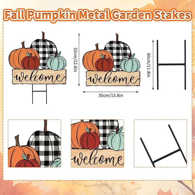 JarThenaAMCS Fall Pumpkin Metal Garden Stakes Farmhouse Rustic Pumpkin Decorative Lawn Sign Autumn Harvest Welcome Yard Sign for Thanksgiving Home Outside Lawn Porch Decor
